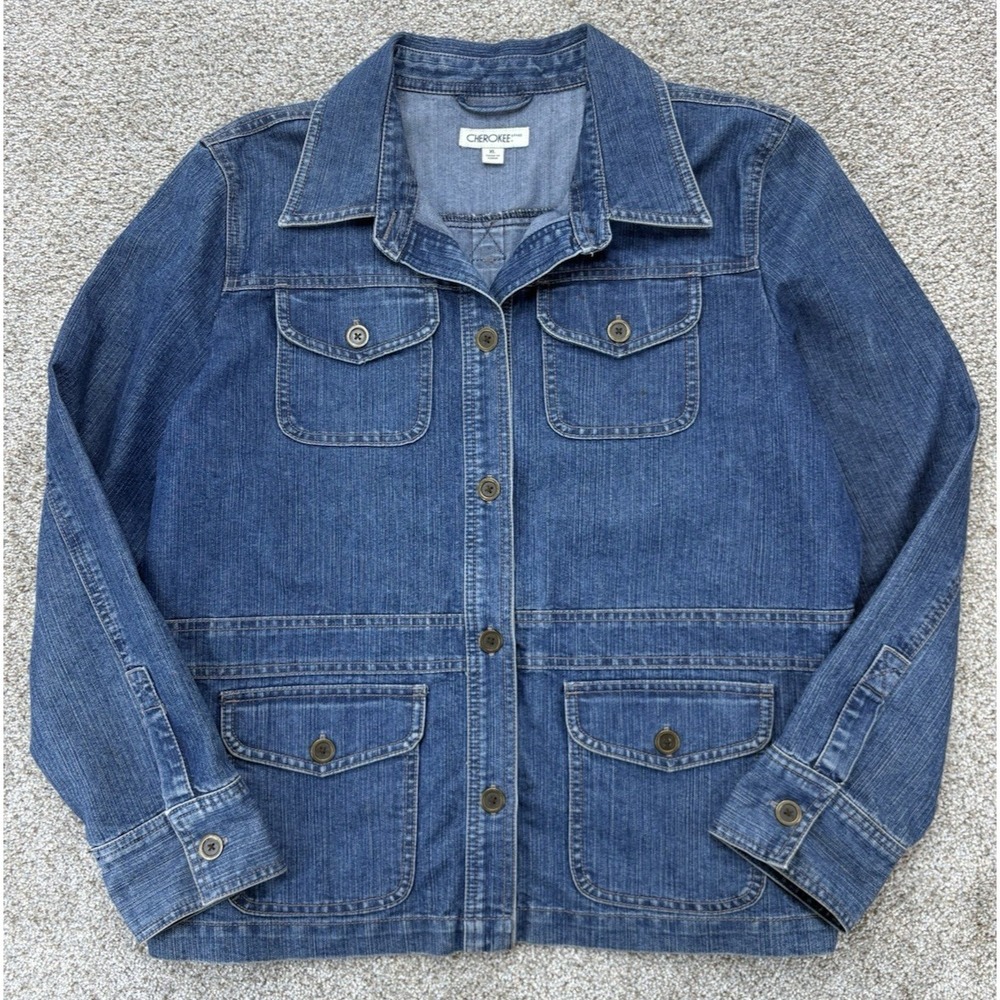 Vintage Cherokee Jacket Womens XL Blue Denim Front Patch Pockets Chore Barn Coat
